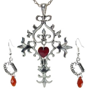 Silvertone Cross Necklace & Matching Vampire Fang Blood Drop Earrings